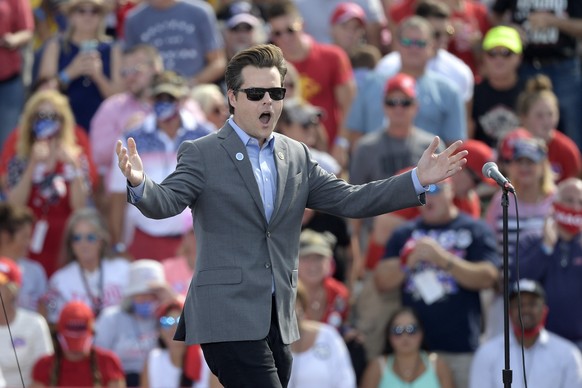 FILE - In this Oct. 16, 2020, file photo Rep. Matt Gaetz, R-Fla., addresses the crowd during a President Donald Trump campaign rally at the Ocala International Airport in Ocala, Fla. (AP Photo/Phelan  ...