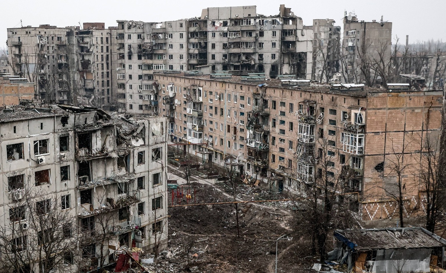 Russia: Situation in Avdeyevka RUSSIA, DONETSK PEOPLE S REPUBLIC - FEBRUARY 22, 2024: A view of damaged apartment buildings in the city of Avdeyevka. Russian forces liberated the city of Avdeyevka on  ...