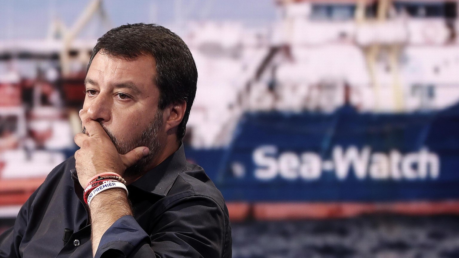 epaselect epa07676507 Italian Deputy Premier and Interior Minister Matteo Salvini attends the Raiuno &#039;Porta a Porta&#039; (lit. Door-to-door) television talk show, in Rome, Italy, 26 June 2019 (i ...