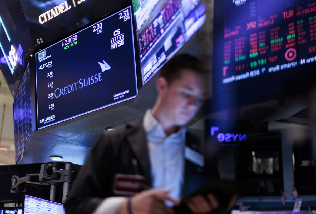 epa10526579 A screen shows information about Credit Suisse stock price on the floor of the New York Stock Exchange in New York, New York, USA, on 16 March 2023. Credit Suisse shares were up on 16 Marc ...