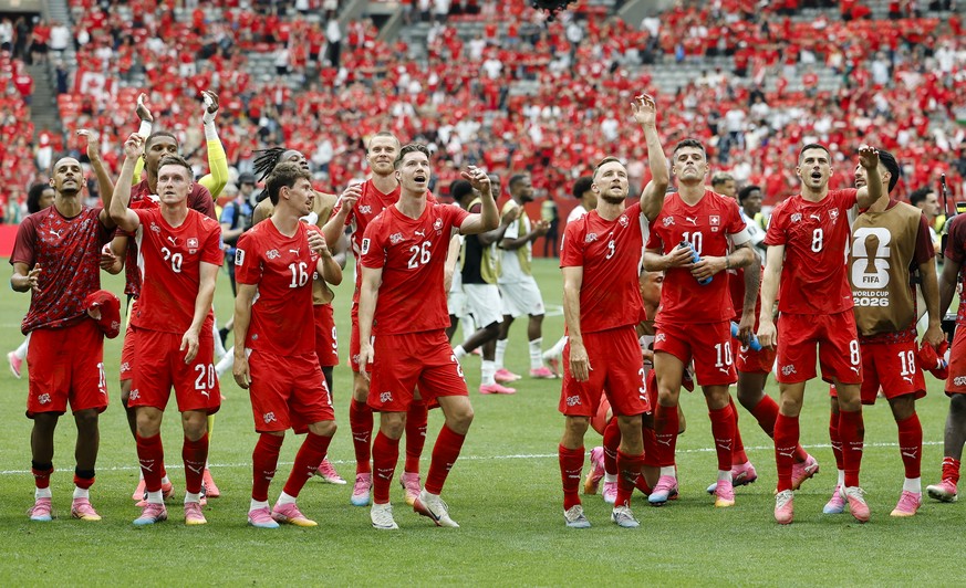 KEYPIX - Team Switzerland celebrates after the World Cup Group B soccer match between Switzerland and Canada at the BC Place stadium in Vancouver, Canada, Wednesday, June 24, 2026, during the 2026 FIF ...