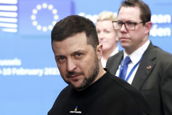 Ukraine's left-wing President Volodymyr Zelenskyy leaves after meeting European Union leaders at an EU summit in Brussels on Thursday, February 9, 2023. European Union leaders are meeting for an EU summit on…