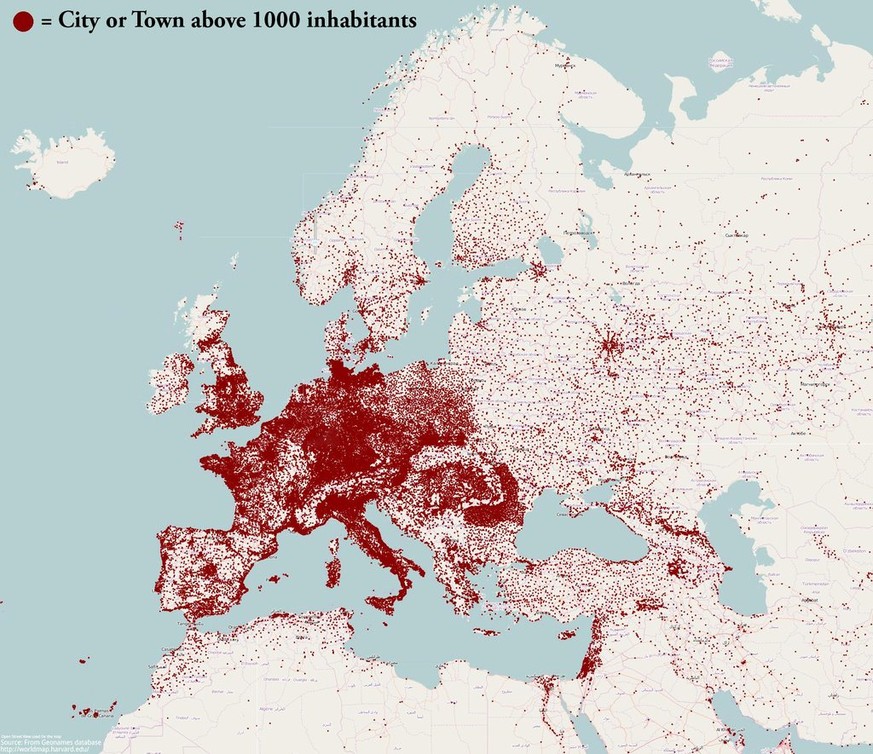 Karte: Europäische Orte mit über 1000 Einwohnern