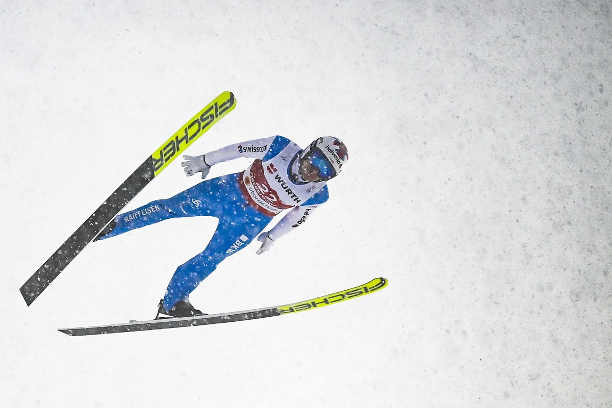 Simon Ammann of Switzerland during the men?s skijumping competition at the 2021 Nordic Skiing World Championships, in Oberstdorf, Germany, on Friday, March 5, 2021. (KEYSTONE/Gian Ehrenzeller)