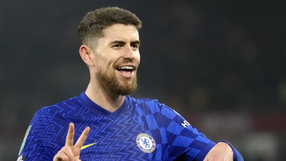 Chelsea's Jorginho celebrates after scoring his side's second goal during the English League Cup quarterfinal soccer match between Brentford and Chelsea at Brentford Community stadium in Lon ...