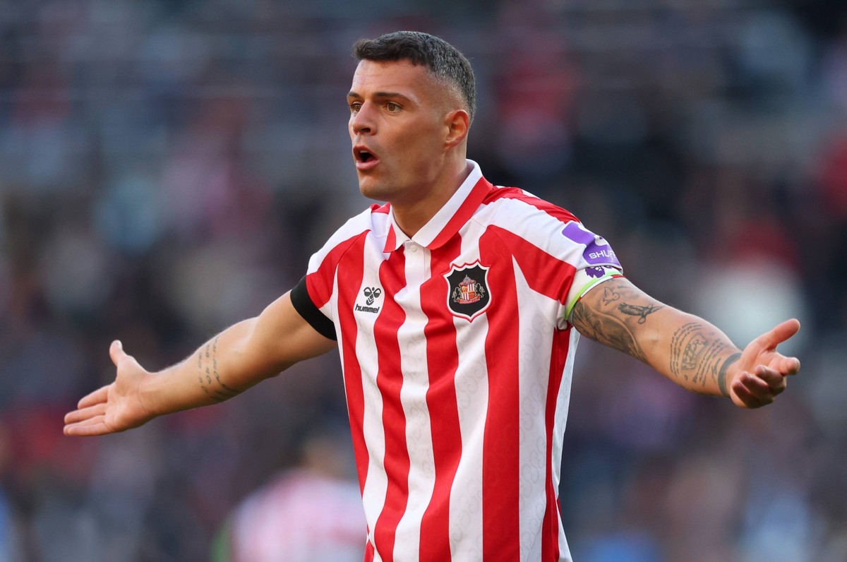 Sunderland v Brighton and Hove Albion - Premier League 2026/27 Granit Xhaka of Sunderland reacts during the Premier League 2026/27 match between Sunderland and Brighton &amp; Hove Albion at Stadium of ...