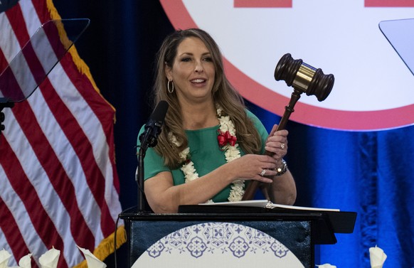 Re-elected Republican National Committee Chair Ronna McDaniel holds a gavel while speaking at the committee&#039;s winter meeting in Dana Point, Calif., Friday, Jan. 27, 2023. (AP Photo/Jae C. Hong)