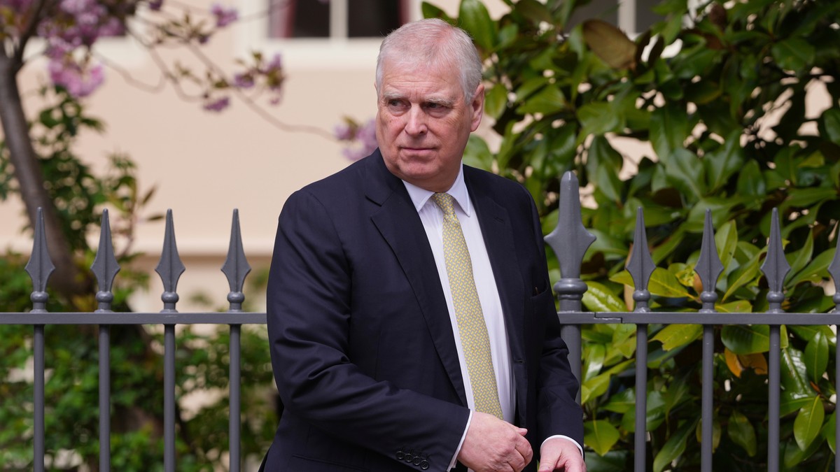 FILE - Britain's Andrew Mountbatten-Windsor, formerly known as Prince Andrew, looks round as he leaves after attending the Easter Matins Service at St. George's Chapel, Windsor Castle, Engla ...
