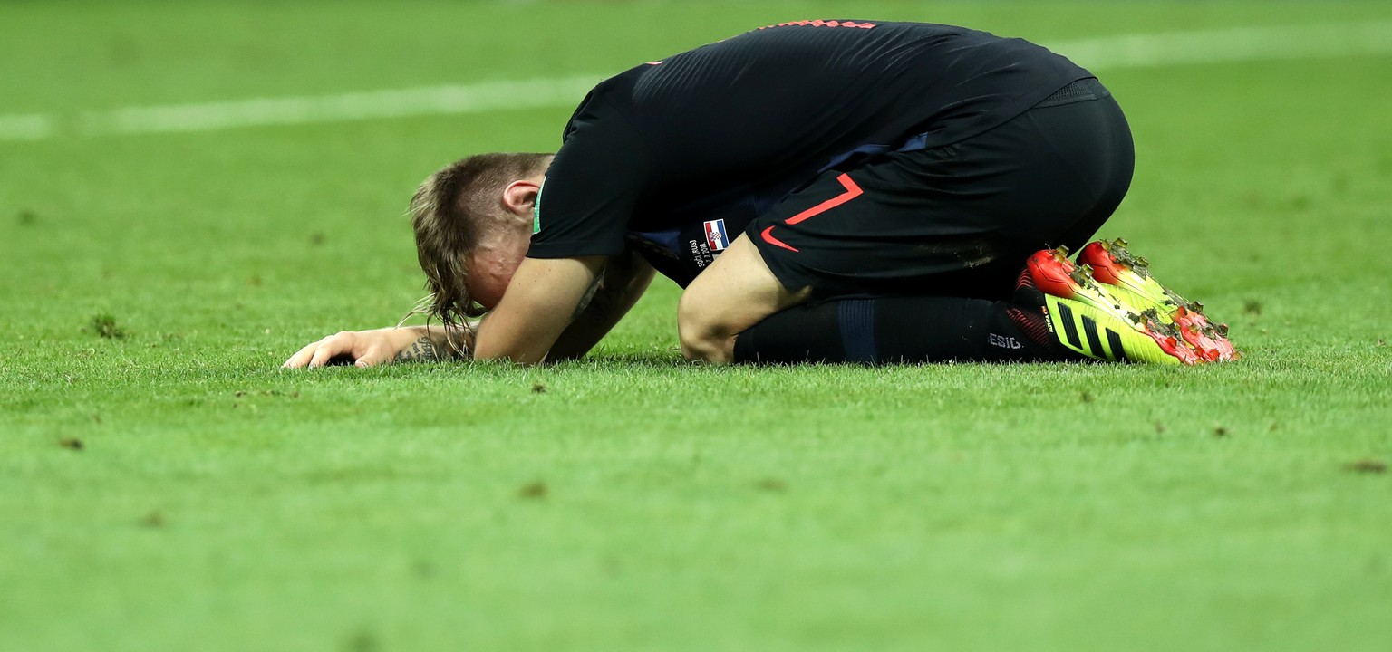 epa06872799 Ivan Rakitic of Croatia celebrates winning the FIFA World Cup 2018 quarter final soccer match between Russia and Croatia in Sochi, Russia, 07 July 2018.

(RESTRICTIONS APPLY: Editorial U ...