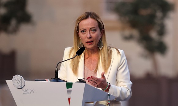 epa10890652 Italian Prime Minister Giorgia Meloni speaks as she takes part in a press conference at the 10th Summit of the Leaders of the Southern Countries of the European Union, in Valletta, Malta,…