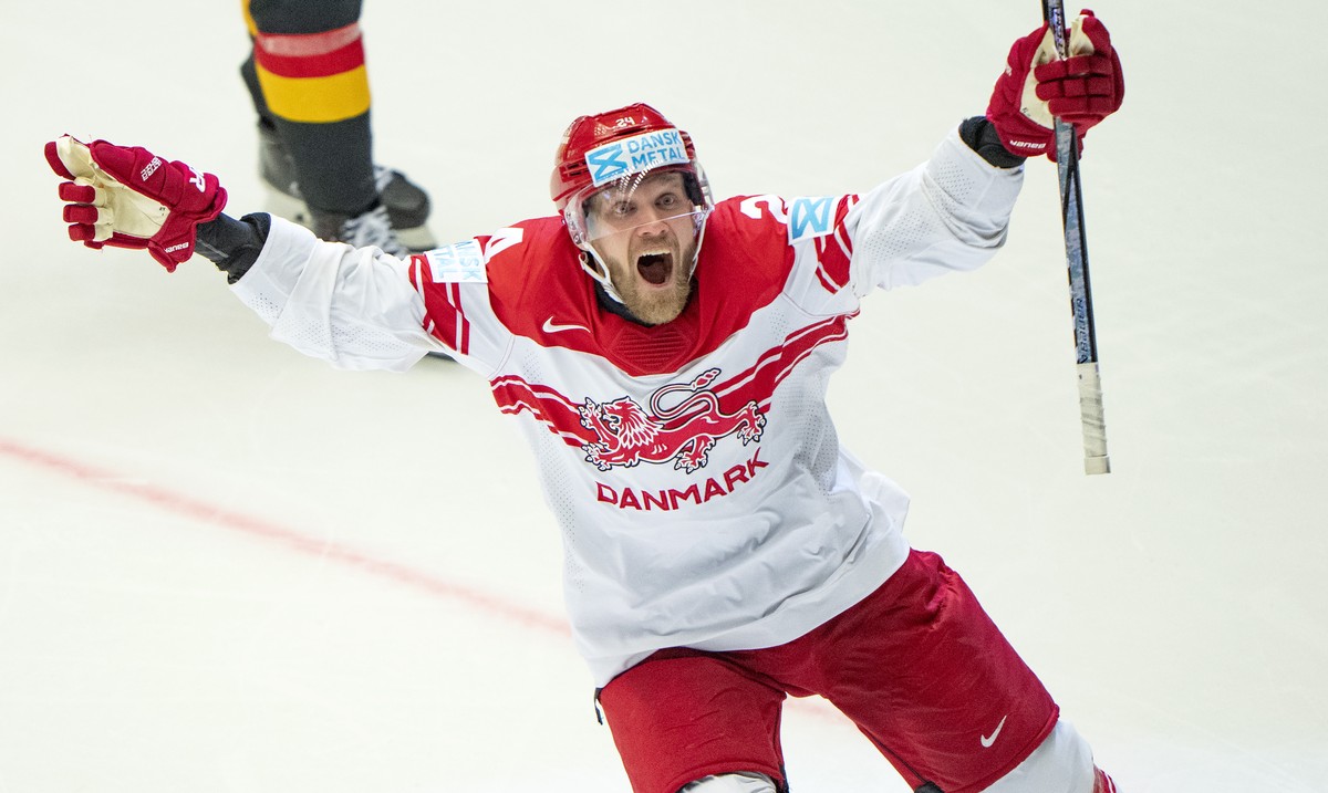 Denmark's Nikolaj Ehlers reacts after against German during a Group B match between Germany and Denmark at the hockey world championships, Tuesday, May 20, 2025, in Herning, Denmark. (Bo Amstrup/ ...