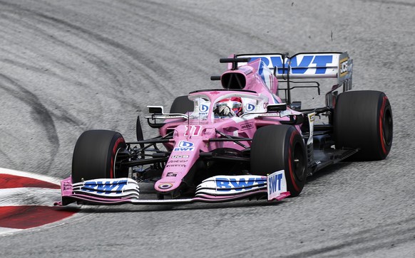 Racing Point driver Sergio Perez of Mexico steers his car during the Styrian Formula One Grand Prix race at the Red Bull Ring racetrack in Spielberg, Austria, Sunday, July 12, 2020. (Mark Thompson/Poo ...