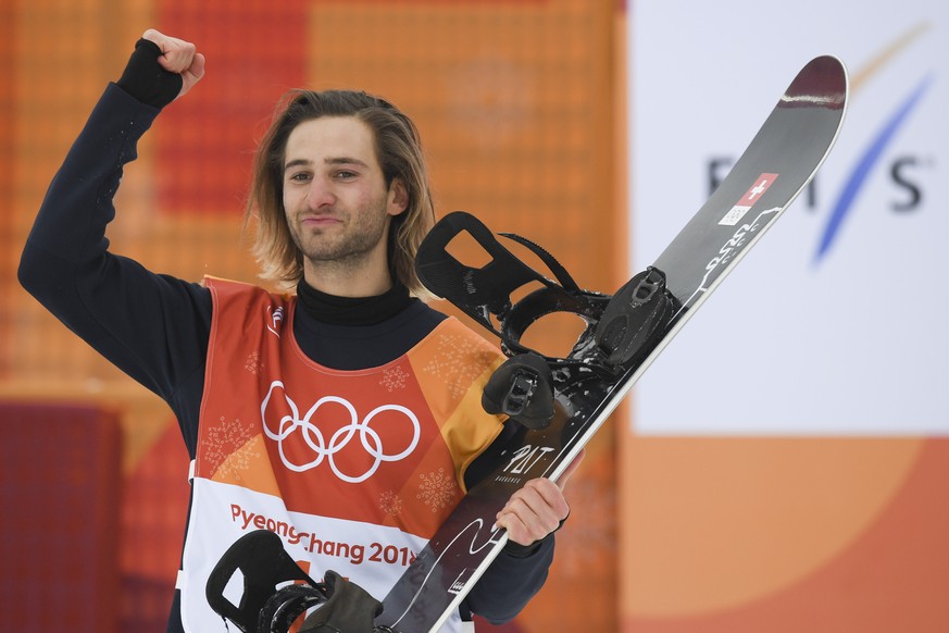 Patrick Burgener of Switzerland reacts during the snowboard halfpipe finals of the men at the Phoenix Snow Park at the XXIII Winter Olympics 2018 in Pyeongchang, South Korea, on Wednesday, February 14 ...