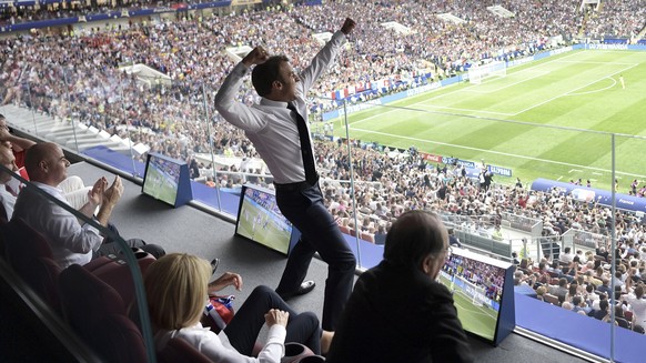 French President Emmanuel Macron reacts during the final match between France and Croatia at the 2018 soccer World Cup in the Luzhniki Stadium in Moscow, Russia, Sunday, July 15, 2018. (Alexei Nikolsk ...