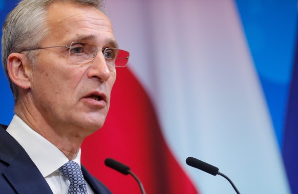 epa09602472 NATO Secretary-General Jens Stoltenberg gives a press conference at the end of a meeting with President of Poland Andrzej Duda (not seen) at the NATO headquarter in Brussels, Belgium, 25 N ...