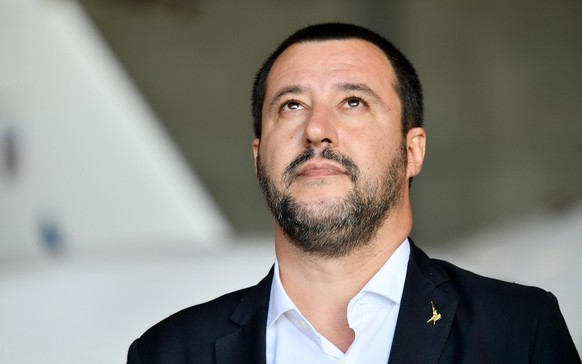 epa07164894 Italian Deputy Prime Minister and Interior Minister, Matteo Salvini during a press conference after the arrival of 51 migrants coming from reception centers in Niger and identified by the  ...