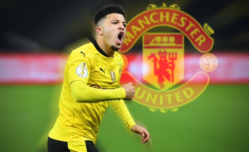 FOTOMONTAGE: Wechsel von Jadon SANCHO Borussia Dortmund zu Manchester United, ManU offenbar perfekt. Archivfoto: Torjubel Jadon SANCHO Borussia Dortmund nach Tor zum 0-1, Jubel,Freude,Begeisterung,. A ...