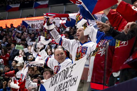 Czechia's fans celebrate the second goal (2-0) during the 2026 IIHF Men's Ice Hockey World Championship preliminary round group B game between Czech Republic and Denmark, at the BCF Arena ic ...