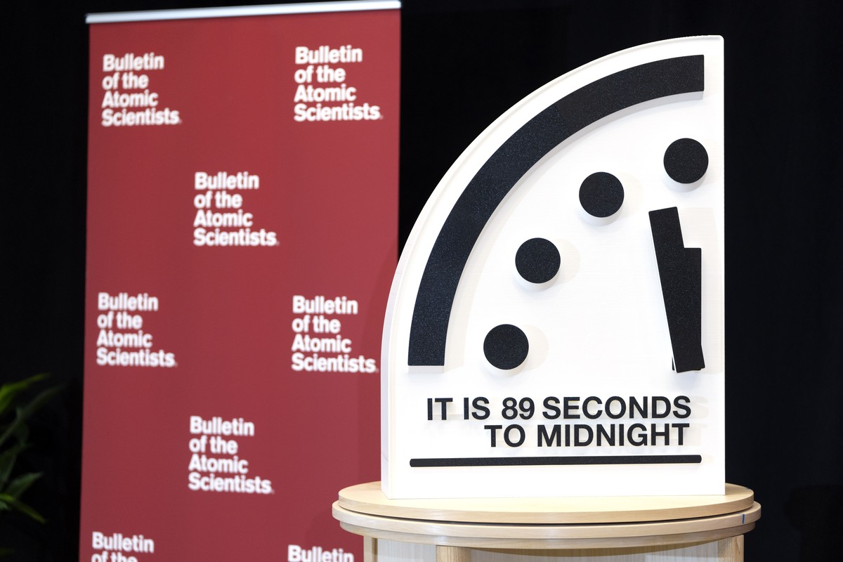 The Doomsday Clock of the Bulletin of the Atomic Scientists, set at 89 seconds to midnight, is displayed before a news conference at the United States Institute of Peace, Tuesday, Jan. 28, 2025, in Wa ...