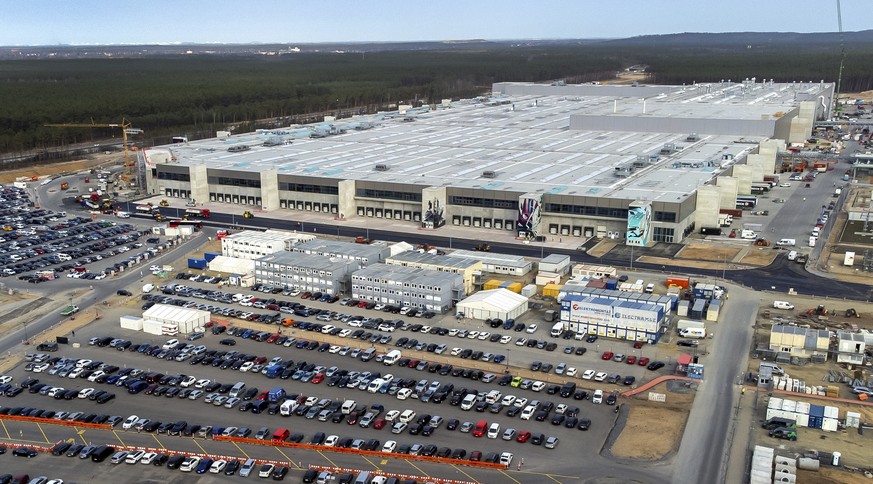 The construction site of the new Tesla Gigafactory for electric cars is pictured in Gruenheide near Berlin, Germany, Friday, March 18, 2022. (AP Photo/Michael Sohn)