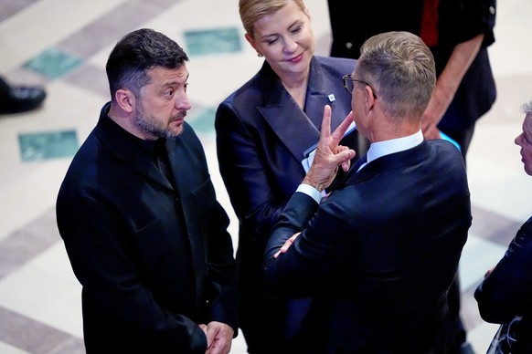 President of Ukraine, Volodymyr Zelenskyy, speaks with the President of Finland, Alexander Stubb, before the funeral service for Sen. Lindsey Graham, R-S.C., Tuesday July 28, 2026, at the Washington N ...