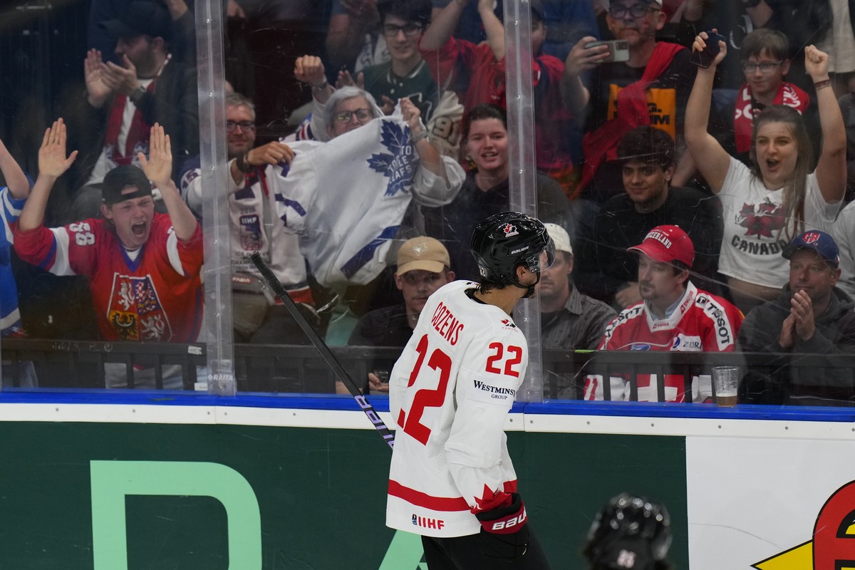 Canada's Dylan Cozens celebrates after scoring his sides second goal during the preliminary round match between Canada and Switzerland at the Ice Hockey World Championships in Prague, Czech Repub ...