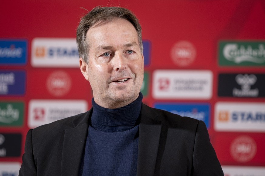 epa09826092 National soccer coach Kasper Hjulmand speaks at press conference to announce his selection of players for the upcoming friendly matches against the Netherlands and Serbia at a press confer ...