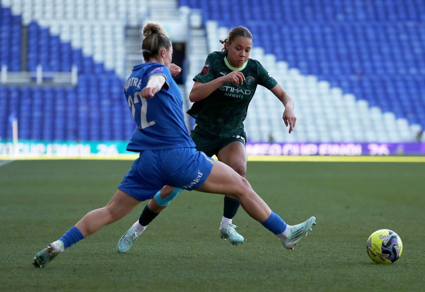 Birmingham's Oceane Hurtre, left, and Manchester City's Iman Beney in action during the Women's FA Cup quarterfinal soccer match between Birmingham City and Manchester City in Birmingha ...