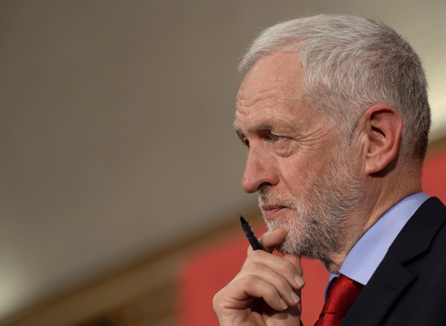 FILE - In this Thursday June 1, 2017 file photo, Britain&#039;s Labour Party leader Jeremy Corbyn, looks on during a speech on Brexit while on the General Election campaign trail in Basildon, England. ...