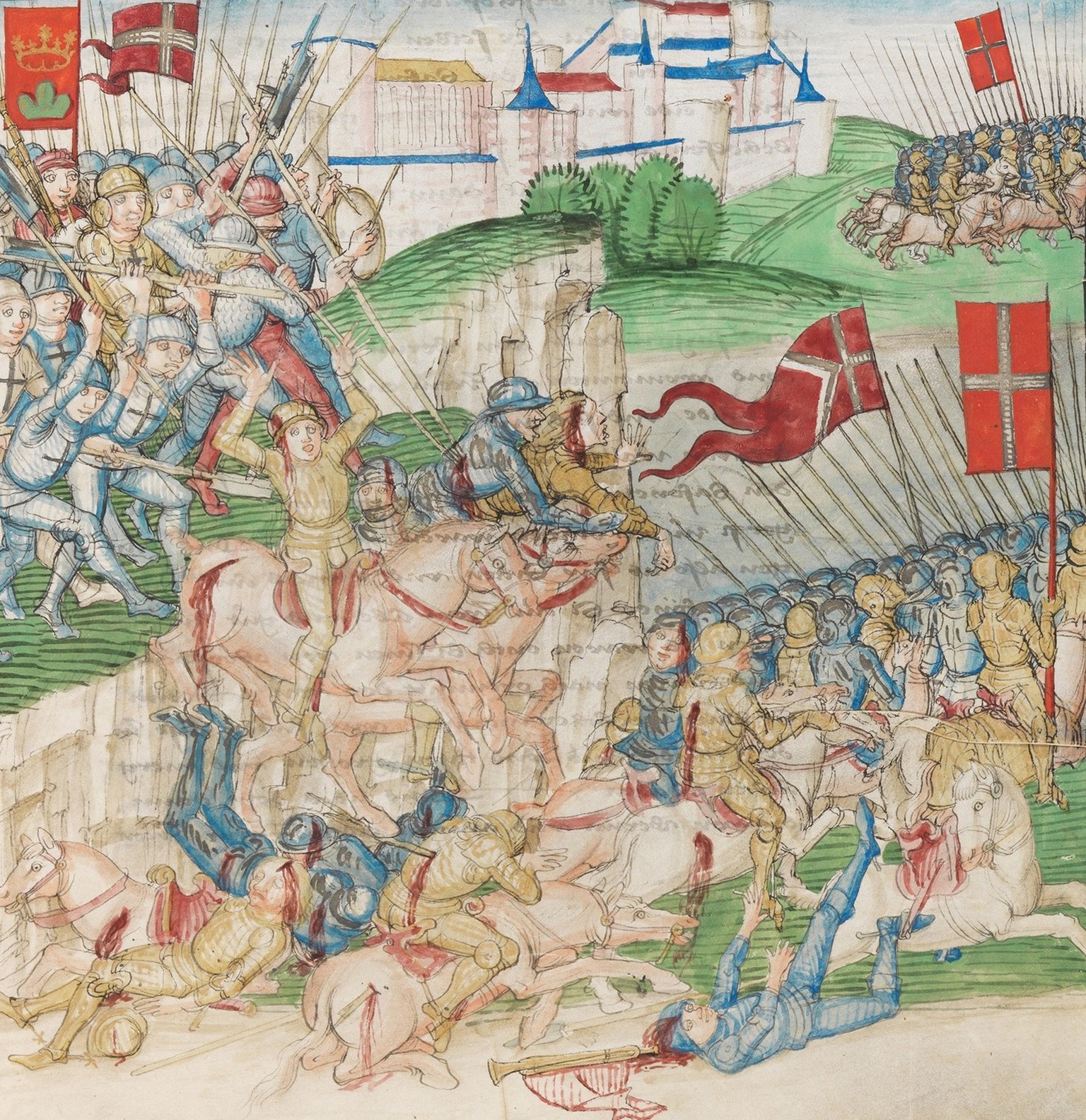 Im Nahkampf erschlagen die eidgenössischen Truppen vor Sitten über dreihundert Savoyer, 1475.
https://www.e-codices.unifr.ch/de/bbb/Mss-hh-I0003//557
