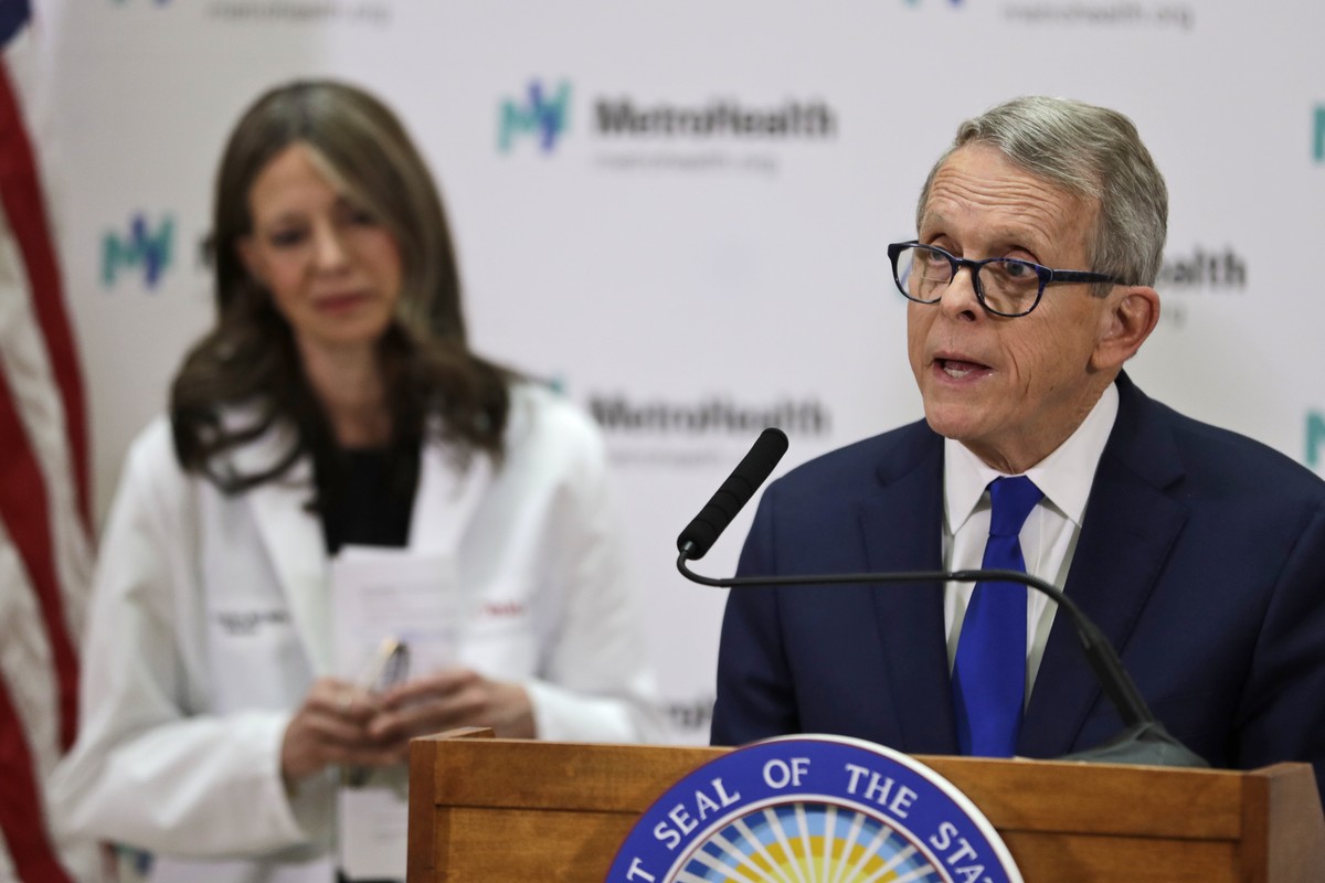 Ohio Governor Mike DeWine gives an update at MetroHealth Medical Center on the state's preparedness and education efforts to limit the potential spread of a new virus which caused a disease calle ...