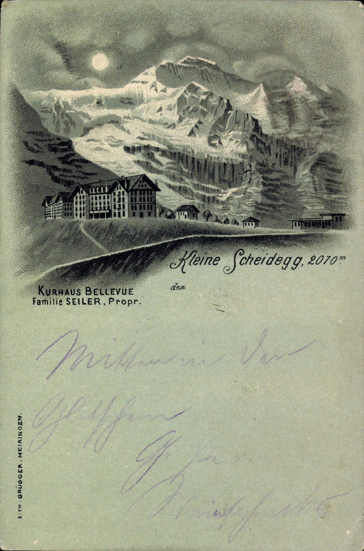 Mondschein Wengen Kt. Bern, Blick zur Kleinen Scheidegg, Kurhaus Bellevue !AUFNAHMEDATUM GESCH�TZT!

Moonlight Wengen KT Berne Glance to small Scheidegg Kurhaus Bellevue date estimated