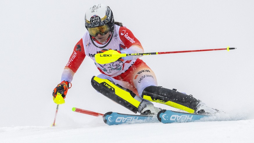 The forerunner run Wendy Holdener of Switzerland in action during the first run of the men&#039;s Slalom race at the Alpine Skiing FIS Ski World Cup, in Adelboden, Switzerland, Saturday, January 11, 2 ...