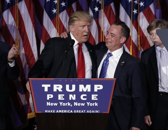 U.S. President-elect Donald Trump and Chairman of the Republican National Committee Reince Priebus (R) address supporters during his election night rally in Manhattan, New York, U.S. on November 9, 20 ...