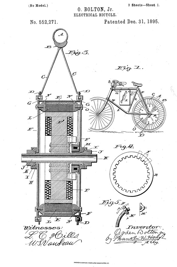 Eines der ersten Patente für ein Elektrofahrrad aus dem Jahr 1895 von Odgen Bolton Jr. mit einem Nabenmotor im Hinterrad.