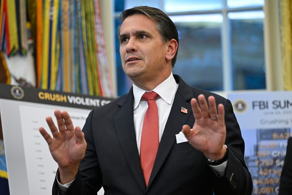 Deputy Attorney General Todd Blanche speaks during an event with President Donald Trump in the Oval Office at the White House, Wednesday, Oct. 15, 2025, in Washington. (AP Photo/John McDonnell)
Trump