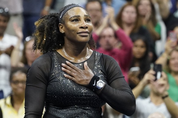 FILE - Serena Williams acknowledges the crowd after losing to Ajla Tomljanovic, of Austrailia, during the third round of the U.S. Open tennis championships, Sept. 2, 2022, in New York. Williams has gi ...