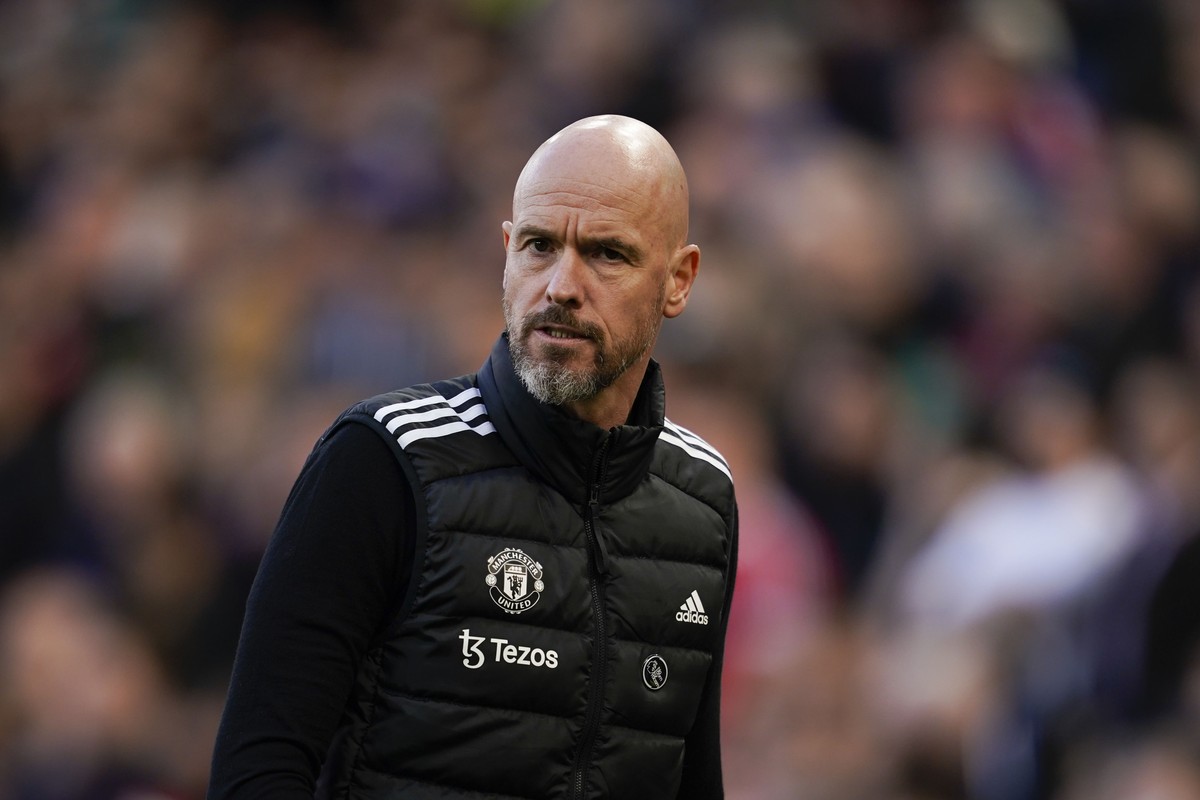 Manchester United's head coach Erik ten Hag leaves the pitch at half time during the English Premier League soccer match between Manchester United and Brentford at Old Trafford stadium in Manches ...