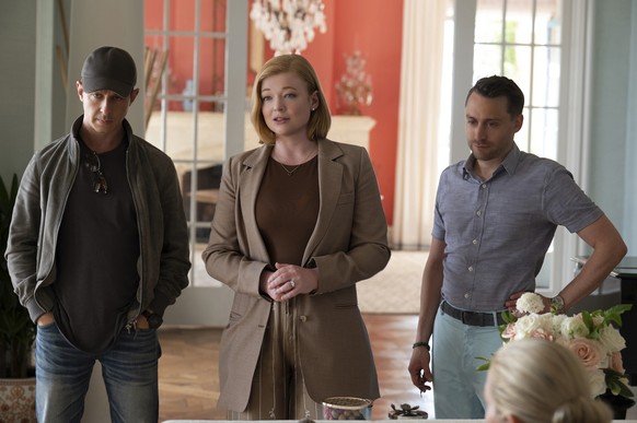 This image released by HBO shows Jeremy Strong, from left, Sarah Snook and Kieran Culkin in a scene from the final season of &quot;Succession.&quot; (HBO via AP)
