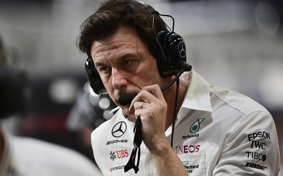 epa09624509 Team chief of Mercedes-AMG Petronas Toto Wolff reacts after the race is red flagged for the second time during the inaugural 2021 Formula One Grand Prix of Saudi Arabia at the Jeddah Corni ...