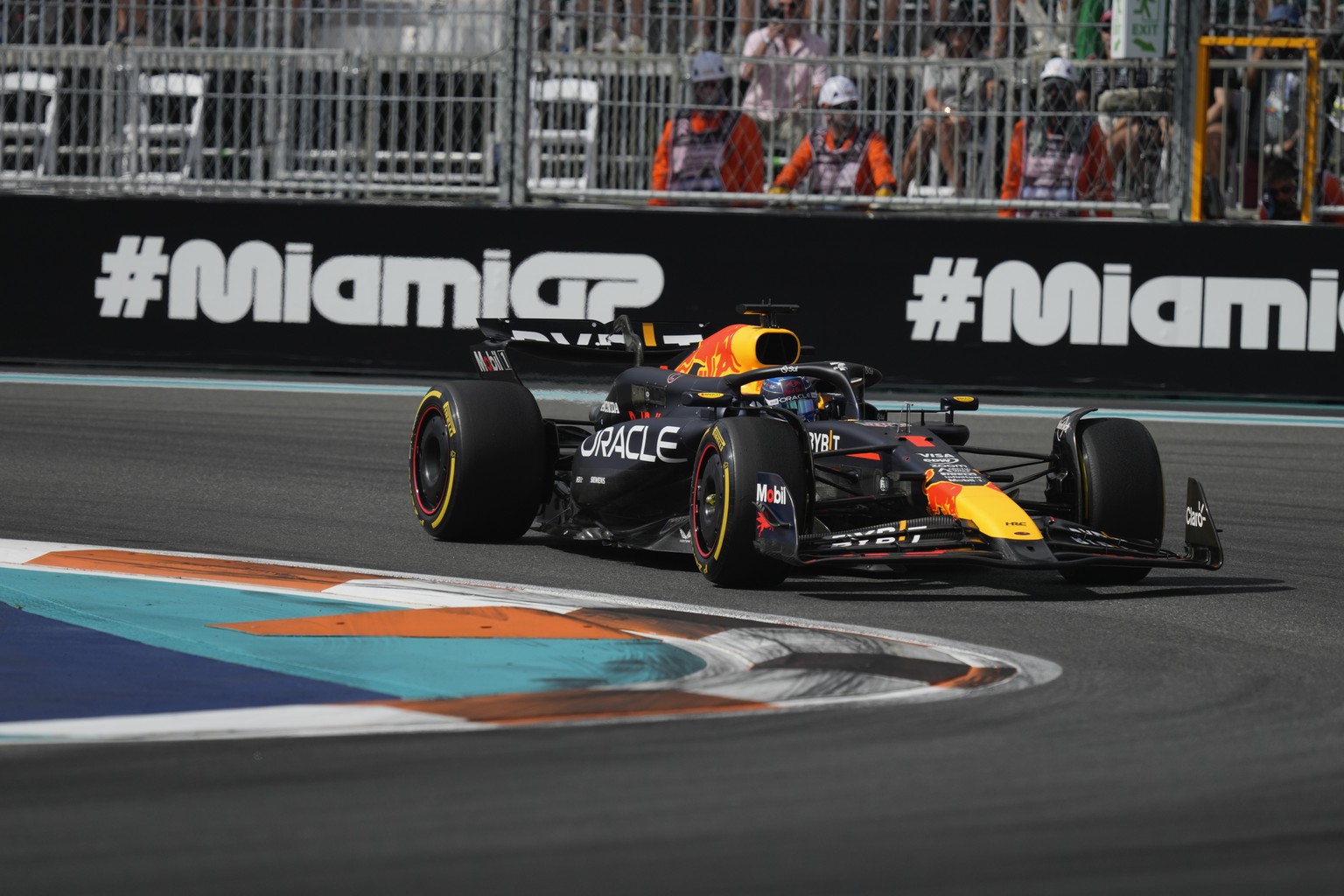 Red Bull driver Max Verstappen, of the Netherlands, steers his car during the Formula One Miami Grand Prix auto race, Sunday, May 5, 2024, in Miami Gardens, Fla. (AP Photo/Rebecca Blackwell)
Max Verst ...