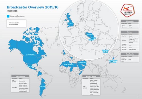 In den blau eingefärbten Ländern kann man die Super League im TV sehen.