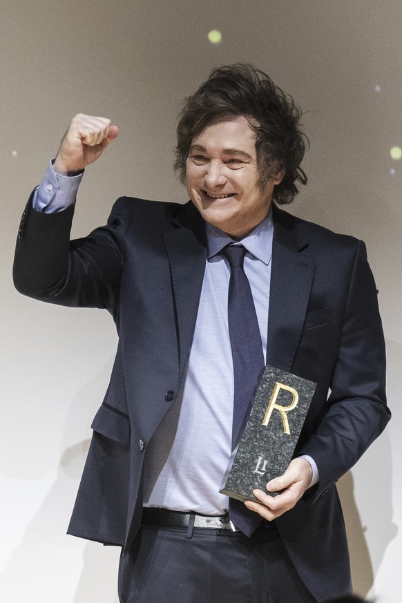 Argentina&#039;s President Javier Milei reacts after receiving this year&#039;s Roepke Prize for Civil Society of the Liberal Institute at the Congress centre in Kloten, Switzerland, Friday, Jan. 24,  ...