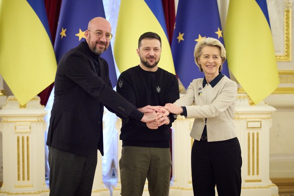 epa10445727 A handout photo made available by the Ukrainian Presidential Press Service shows (L-R) European Council President Charles Michel, Ukraine's President Volodymyr Zelensky and European Commis ...