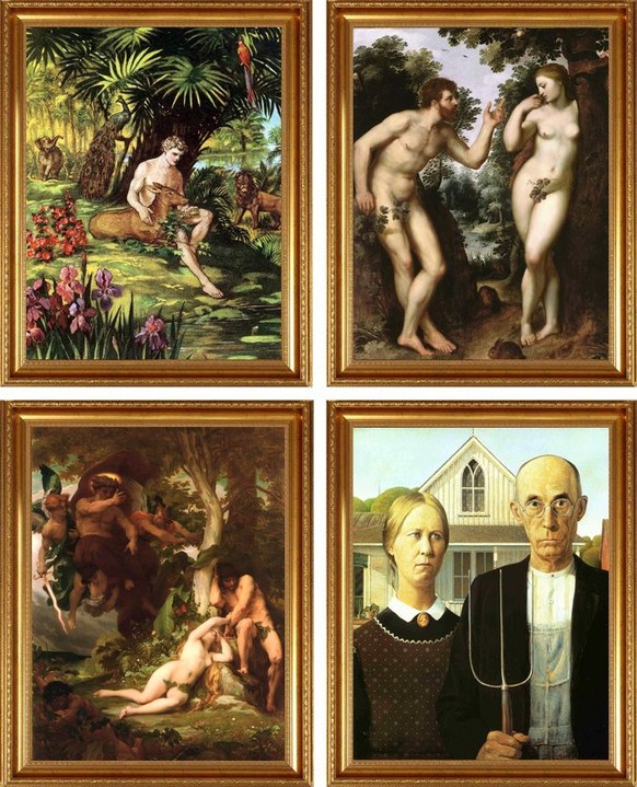 Nr. 2: Paul Peter Rubens; «Adam und Eva» (um 1597), Nr. 3: Alexandre Cabanel; «Die Vertreibung von Adam und Eva aus dem Paradies» (1863), Nr. 4: Grant Wood; «American Gothic» (1930)