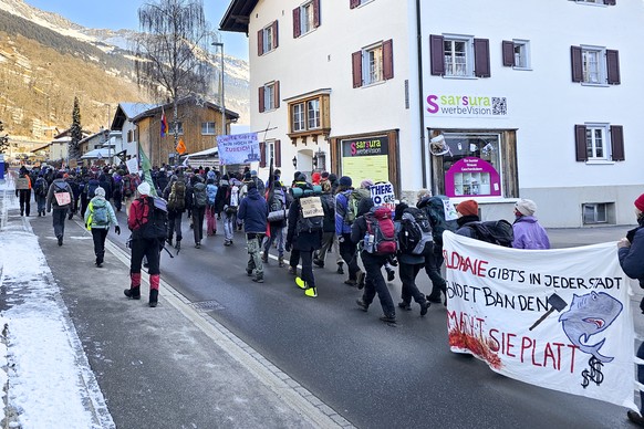 A photograph made avaiable on 14 January 2024 shows Demonstrators walking during a demonstration of the organization &quot;Strike WEF&quot; on the eve the 54th annual meeting of the World Economic For ...