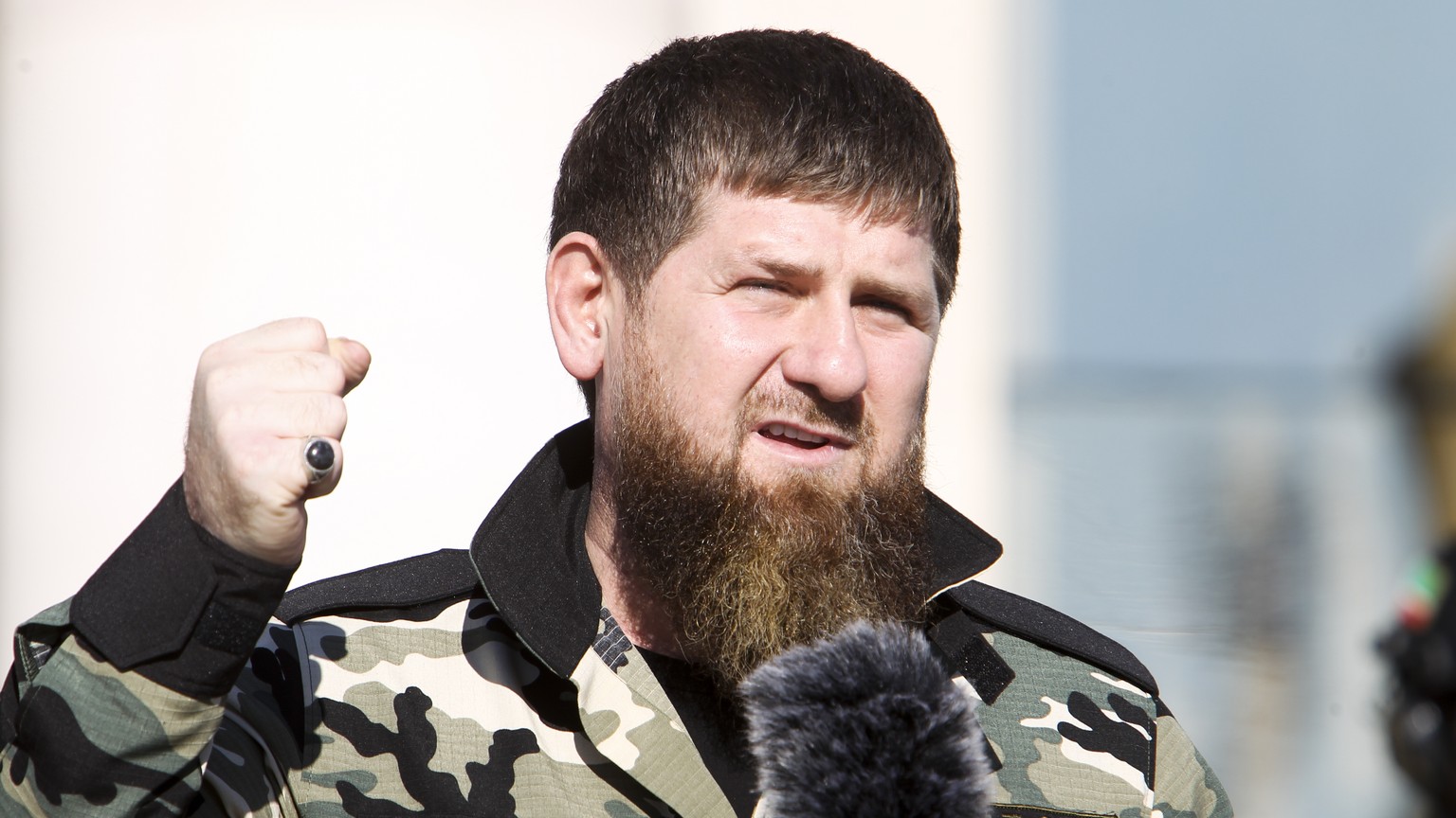 Ramzan Kadyrov, leader of the Russian province of Chechnya gestures speaking to about 10,000 troops in Chechnya&#039;s regional capital of Grozny, Russia, Tuesday, March 29, 2022. (AP Photo)