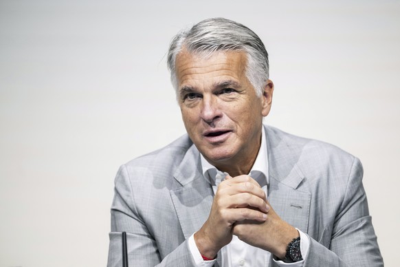 Group Chief Executive Officer of Swiss Bank UBS Sergio P. Ermotti looks on, during the presentation of the second quarter 2023 and first results since the Credit Suisse merger, in Zurich, Switzerland, ...