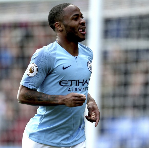 Manchester City's Raheem Sterling celebrates scoring his side's second goal of the game against Crystal Palace, during their English Premier League soccer match at Selhurst Park in London, S ...