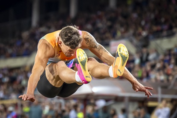Simon Ehammer of Switzerland competes in the Long Jump Men competition during the 51st edition of the World Athletics Diamond League athletics meeting Athletissima at the Stade olympique de la Pontais ...